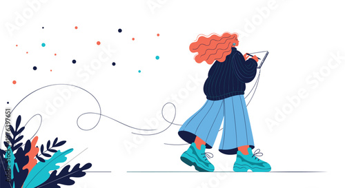 Cartoon woman walking, colorful illustration, flat design, vector character