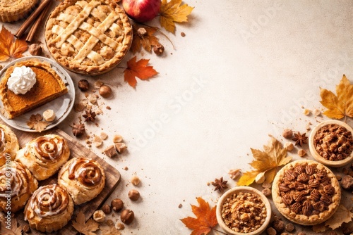 Autumn pastries and pies arranged as border on light background with copy space