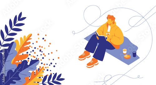 relaxed woman, sitting, outdoors, vector illustration, yellow and blue