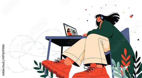 Woman working on laptop, remote worker, freelance lifestyle, modern office