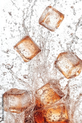 cola splash with ice cubes and bubbles, isolated on white background