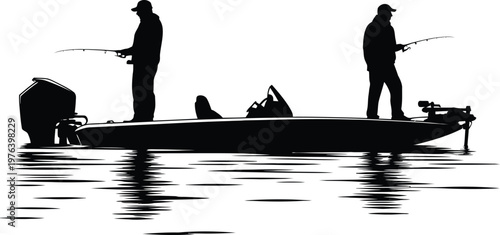 Fishing boat silhouette vector illustration, two anglers standing with rods on water reflection, outdoor activity design isolated on white background