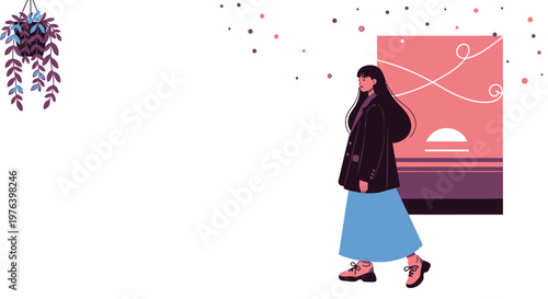 Boho Chic Woman Walking, Sunset Background, Vector Illustration, Fashion Design Element