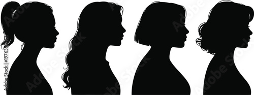 Female profile silhouette set, different hairstyles ponytail long hair bob curly, woman head side view, beauty fashion vector illustration collection