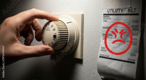 Man turning thermostat dial next to expensive utility bill with angry red emoji. Economic struggle and energy crisis. High cost of living and budget management in household heating system.