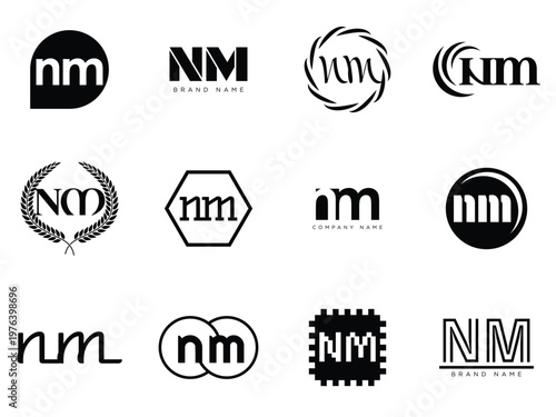 NM logo company template. Letter n and m logotype. Set different classic serif lettering and modern bold text with design elements. Initial font typography.