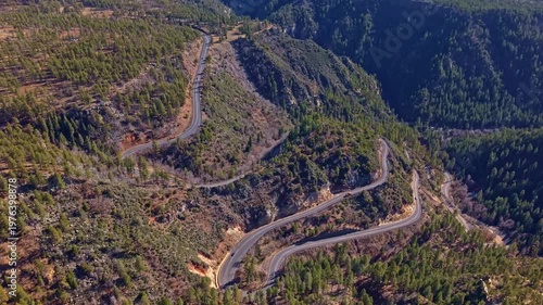 Winding switchback road of Arizona climbs through Oak Creek Canyon connecting Flagstaff and Sedona in Arizona