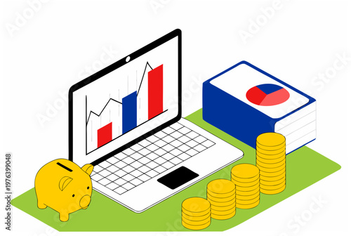 Isometric personal finance management concept with laptop showing graph, piggy bank, book, and coin stack. Vector illustration for budget planning.