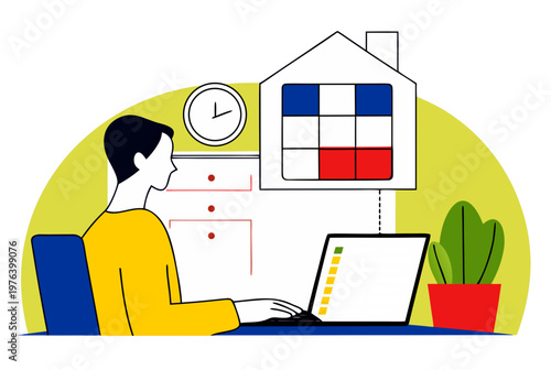 Man working on laptop planning or budgeting at home, with a house icon showing financial progress. Personal finance and household budgeting concept vector illustration