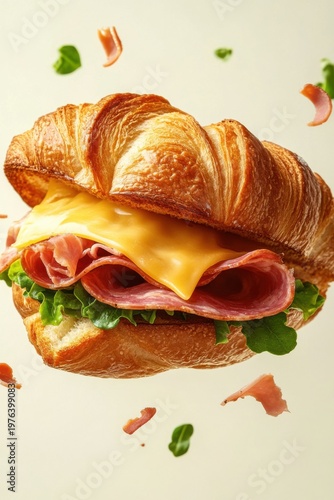 croissant sandwich flying with cheese and ham, isolated on white background