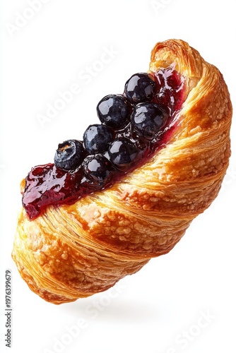 danish pastry flying with berry jam filling, isolated on white background