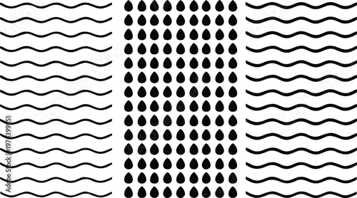 Black wavy lines and teardrop shapes pattern white background