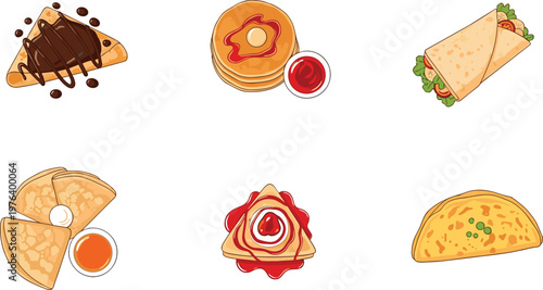 Delicious Breakfast and Snack Food Set with Pancakes, Tacos, Wraps, and Sweet Crepes with Sauces for Food Illustrations