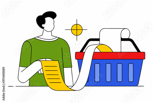 Woman with shopping bag and basket showing a long receipt. Cost of living, inflation, and personal finance concept. Vector illustration