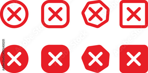 A set of red icons with white X's on a plain white background for use in digital design and error messaging