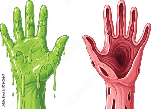 Gross Green and Red Slimy Hands Illustration for Halloween, Horror, and Creepy Design Graphics