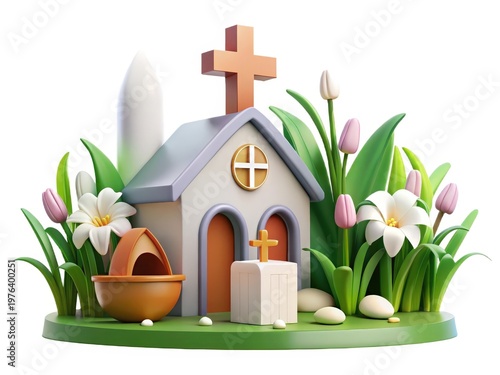 3D Church with Cross, Flowers, and Egg, on a Green Base