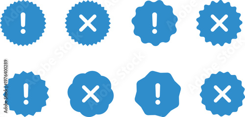 A set of blue icons featuring exclamation marks and X symbols on a png background