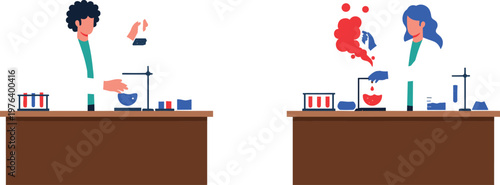 Laboratory Scientists Performing Chemical Experiments and Reactions with Lab Equipment and Flasks for Science and Education Graphics