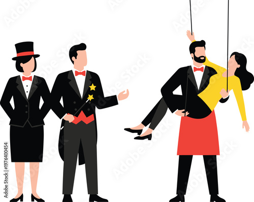 Magician and Illusionist Performing Magic Trick with Assistants, Magical Show Illustrations for Entertainment, Event, and Performance Designs