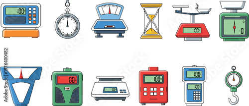 Measuring Devices and Scales Illustration Set Including Weighing Scales, Timer, Thermometer, and Digital Meters for Precision and Calibration Graphics