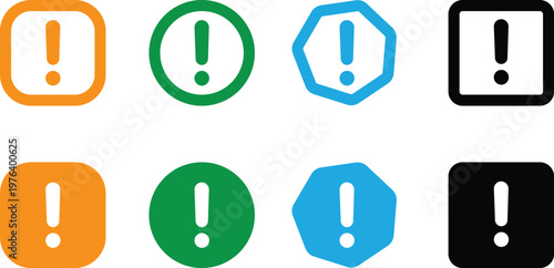 A set of colorful exclamation mark icons in various shapes and colors used for alerts and notifications