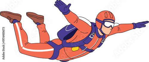 Skydiver in Orange Jumpsuit with Parachute, Illustrative Design of Extreme Sports, Adventure, and Thrill Seeking for Active Lifestyle and Sports Illustrations
