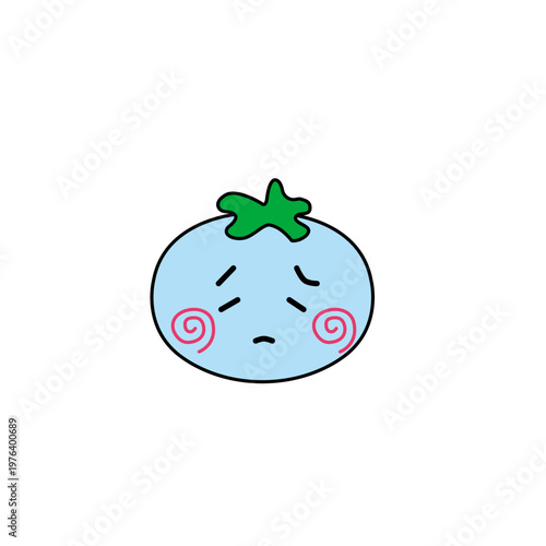 Cute Kawaii Blue Tomato Character with Sad Gloomy Expression in Flat Cartoon Style