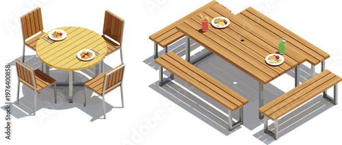 Wooden Outdoor Dining Tables with Plates and Drinks for Patio, Garden, and Restaurant Furniture Illustrations
