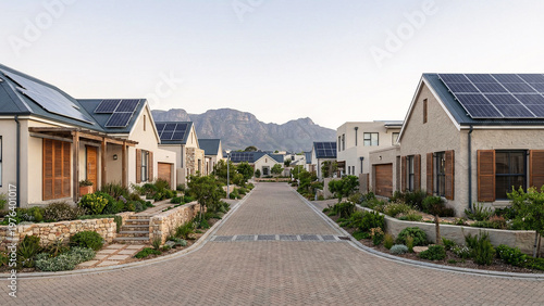Modern Residential Lane in Cape Town With Varied Solar Roof Layouts, Terraced Front Gardens and Mountain Views, Detached Homes, Sustainable Housing Development