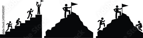 Stick figures climbing mountains and stairs to reach their goals and achieving success today