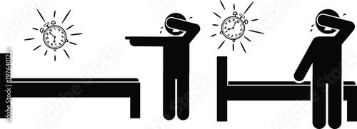 Stick figure struggles to wake up from bed as a loud alarm clock rings.