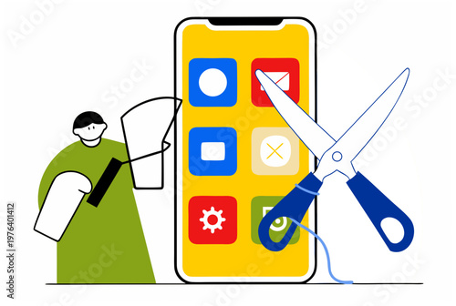 Man cutting a rope with scissors symbolizing cancellation of mobile app subscription on smartphone. Hidden costs. Personal finance. Vector illustration