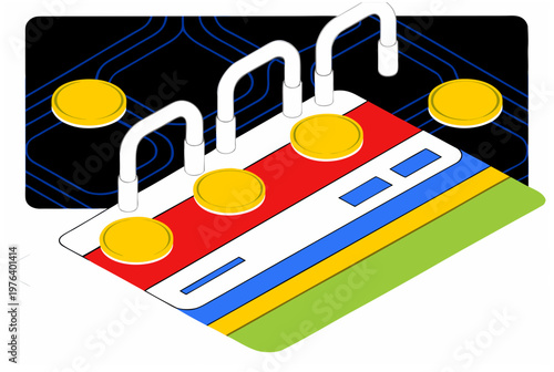 Credit card with pipes extracting coins from it. Hidden subscription costs and digital payment concept. Vector illustration for finance, technology design