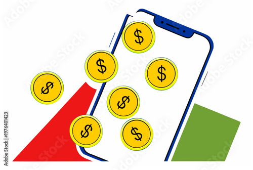 Smartphone spilling dollar coins, representing digital costs and financial outflow. Personal finance concept vector illustration.