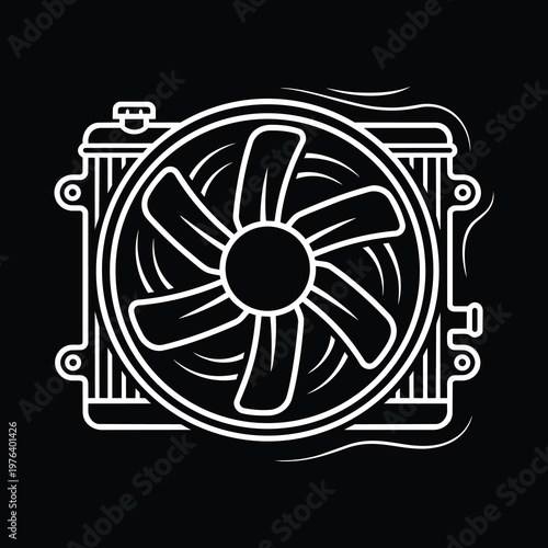Automotive Car Radiator with Cooling Fan Vector Icon - Inverted White Line Art Design 