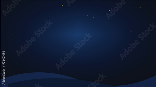 Deep blue night sky background with stars, dark celestial landscape vector, minimalist evening sky with glowing starlight and soft hills