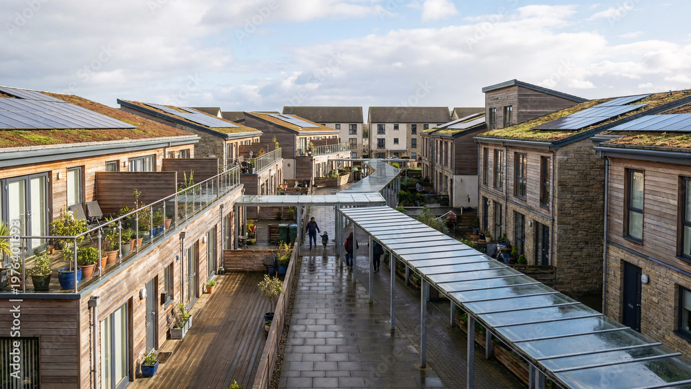 Fototapeta premium Contemporary Townhouse Courtyard in Irvine Scotland With Solar Equipped Roof Terraces and Sheltered Pedestrian Paths, Urban Housing, Sustainable Residential Architecture