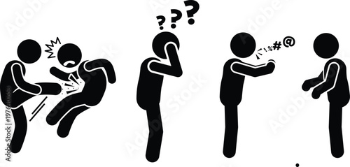 Stick figures depicting aggressive physical conflict and verbal confrontation alongside confusion and mental frustration