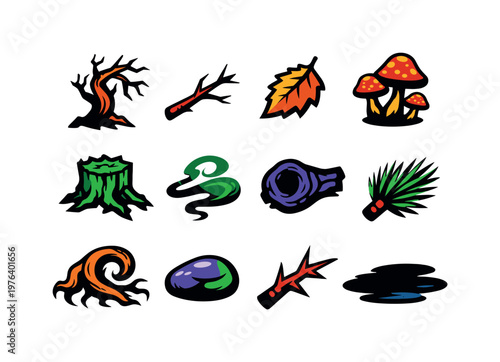 Two-Color vector icons of eerie autumn forest: crooked tree, bare twig, fallen leaf, mushroom cluster, old stump, fog wisp,