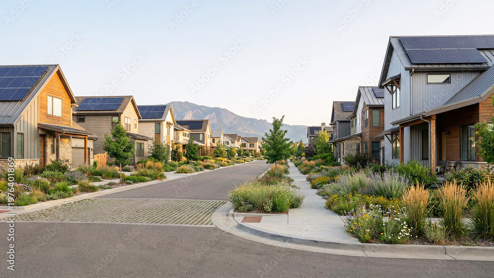 Obraz premium Modern Eco Neighborhood in Boulder With Varied Solar Roof Layouts and Native Front Gardens, Detached Houses, Sustainable Housing, Residential Development, Clean Power