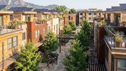 Contemporary Townhouse Courtyard in Boulder With Solar Equipped Roof Terraces and Shaded Pedestrian Paths, Urban Housing, Sustainable Residential Architecture