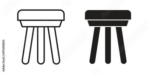 Three legged stool icon clipart symbol isolated on white background. Flat and stroke designs.