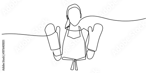The woman is wearing an apron and heat resistant gloves while cooking. One continuous line drawing. simple linear style Doodle Editable stroke.