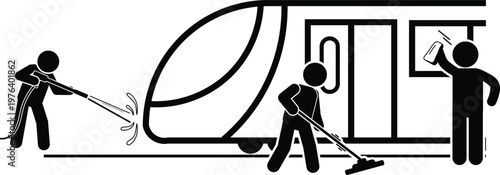 Essential workers meticulously cleaning and sanitizing a passenger train for public safety.