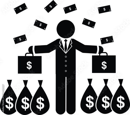 Successful business person holding money bags under falling bills representing wealth and financial gain