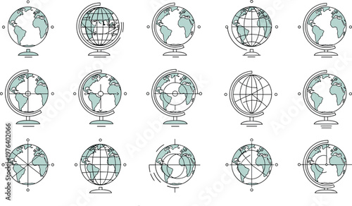 World globe icons set with geographic earth map rotation education geography vector illustration collection
