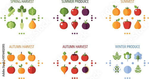 Seasonal harvest and produce icon set with fruits vegetables spring summer autumn winter flat vector illustration collection