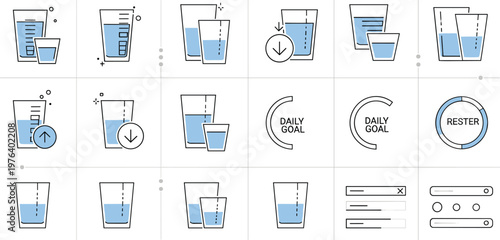 Water tracking icons set with glass levels daily goal hydration reminder UI elements healthy lifestyle vector collection