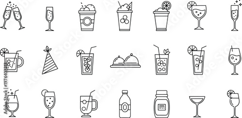 Drinks and beverages line icons set with cocktails coffee juice wine glasses party and bar vector collection